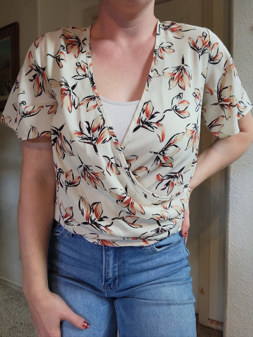Sienna Sky White Orange Floral Faux Wrap Blouse Women's Size XS